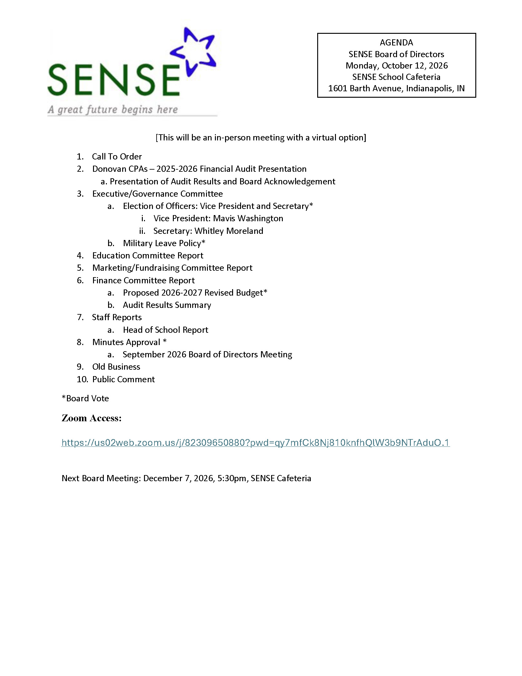 BOARD MEETING AGENDA FOR MONDAY, OCTOBER 12, 2026
