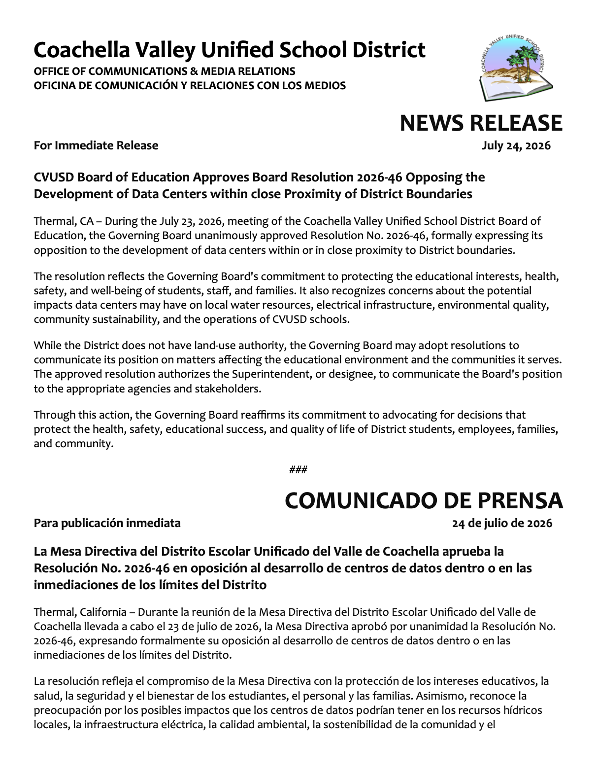 CVUSD Board of Education Approves Board Resolution 2026-46 Opposing the Development of Data Centers within close Proximity of District Boundaries