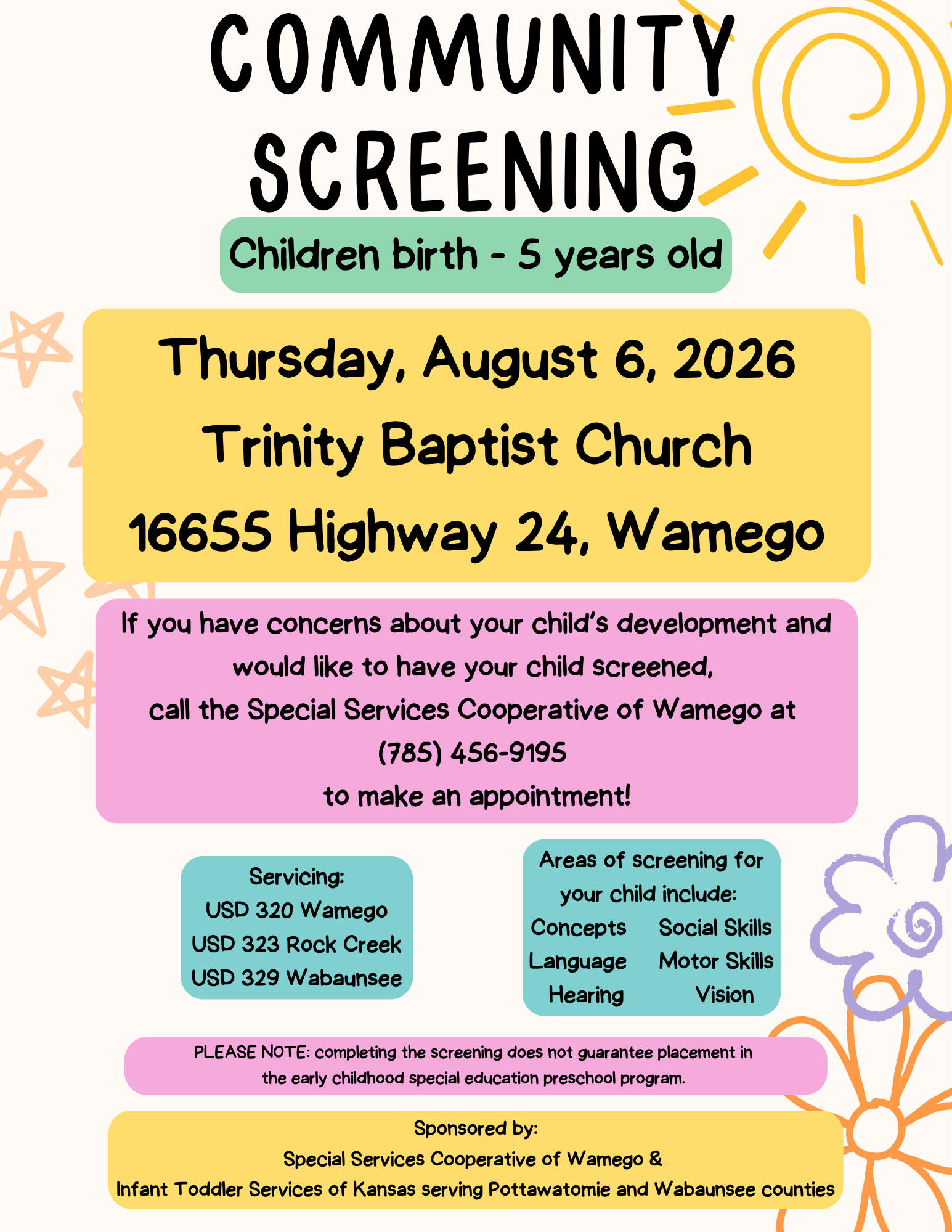 Community Screening for Children - August 6th - Call to Make an Appointment!