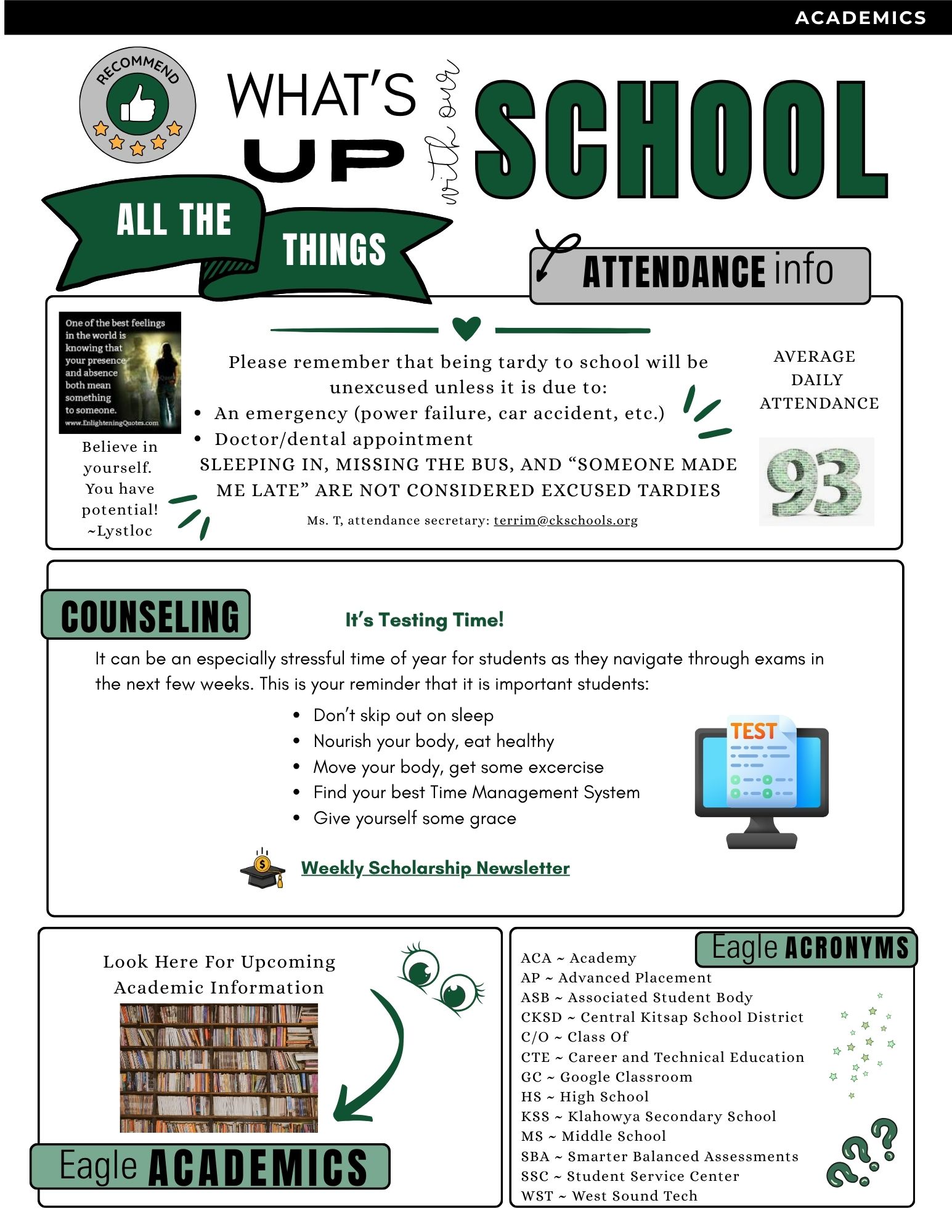 A school newsletter titled 'What's Up With Our School' features sections on attendance, counseling, and academic information.