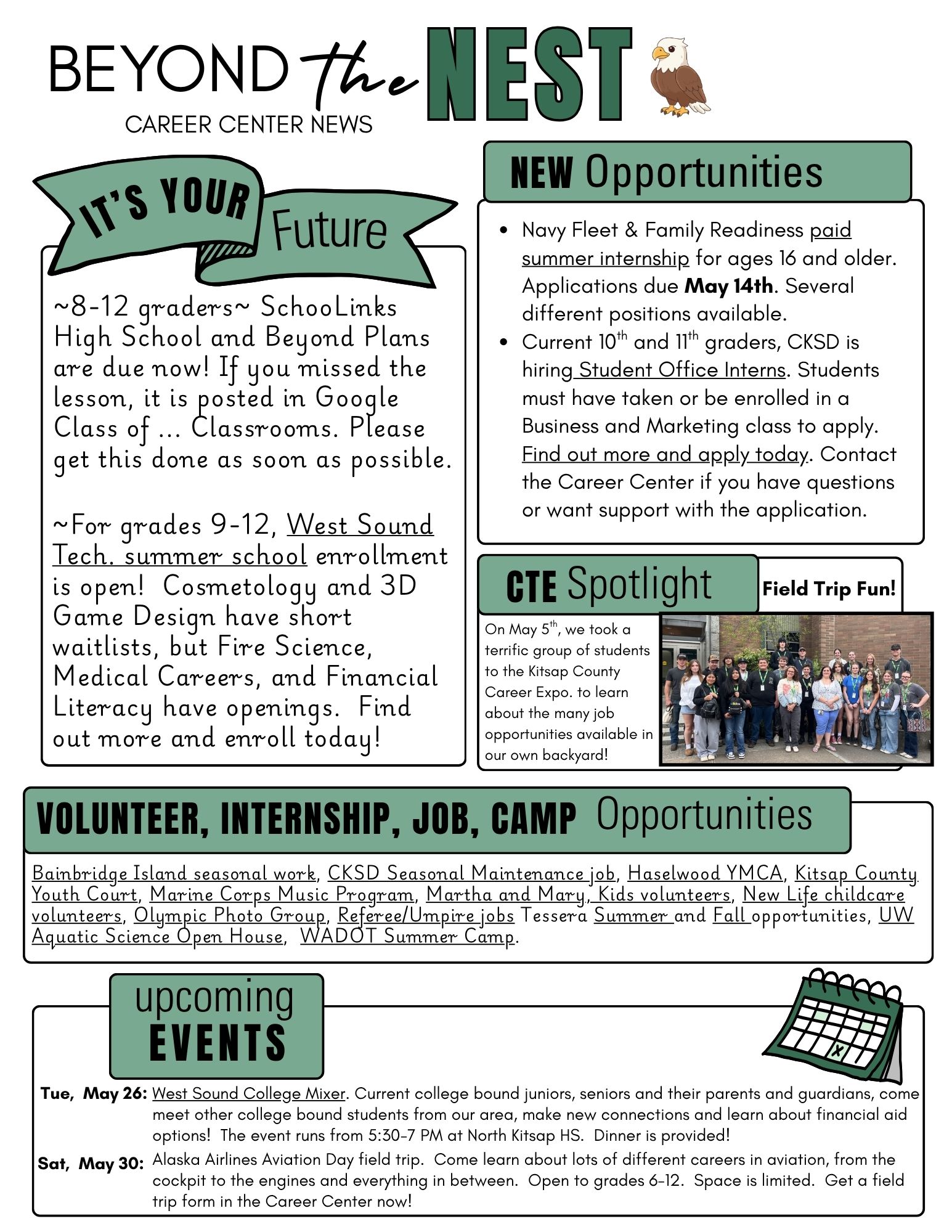 A newsletter titled 'BEYOND the NEST CAREER CENTER NEWS' with sections on opportunities and events.