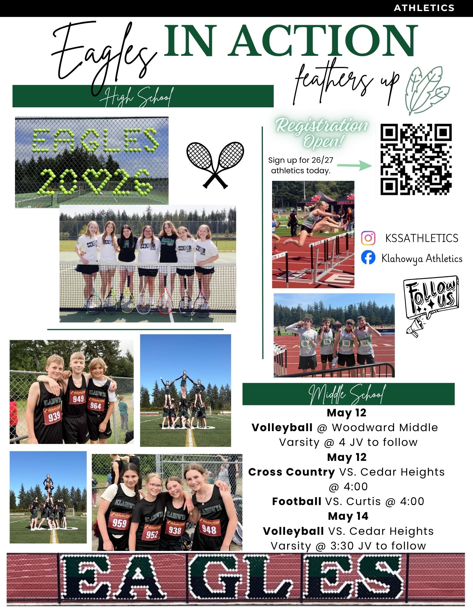 A collage of Klahowya High School athletic teams, including tennis, track, cheerleading, and cross country.