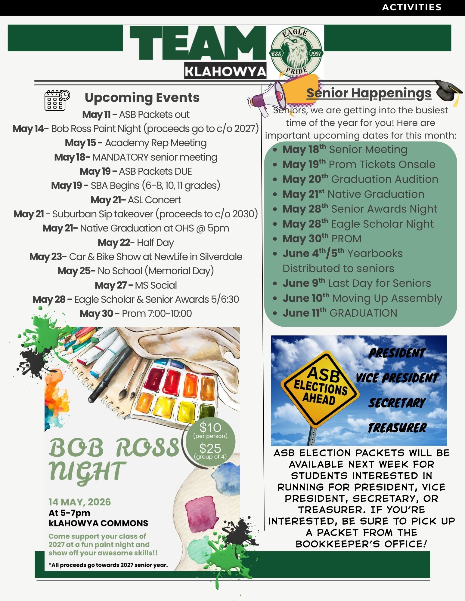 A flyer for Klahowya Secondary School announces upcoming events and senior happenings, featuring artwork of painting supplies.