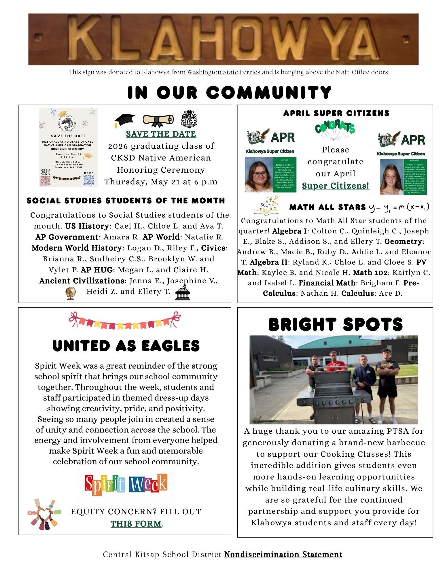 A newsletter titled 'In Our Community' features announcements about a graduation ceremony, social studies students, April Super Citizens, Math All Stars, Spirit Week, and a new barbecue donation.