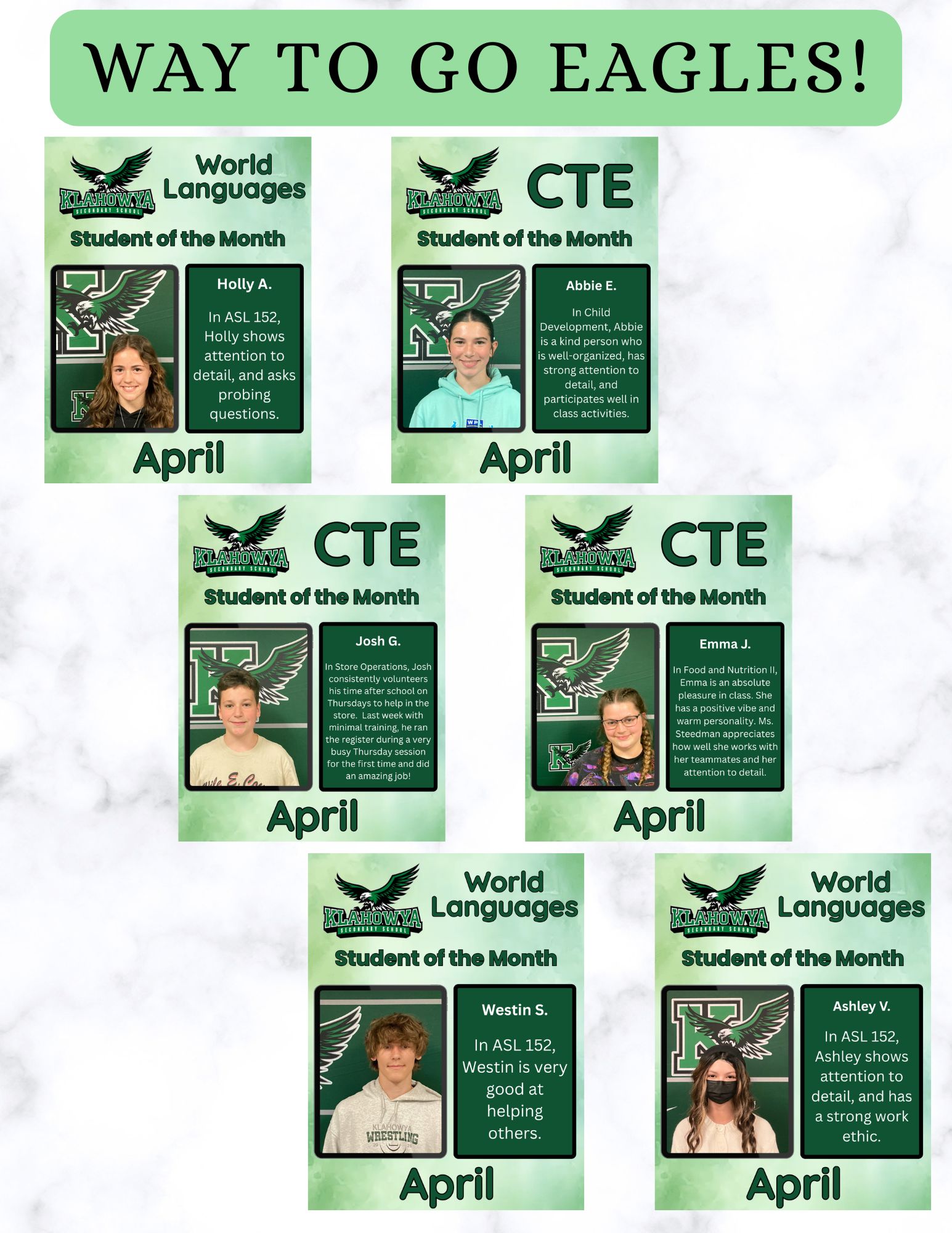 A "Way to Go Eagles!" poster highlights students of the month for April in World Languages and CTE programs.