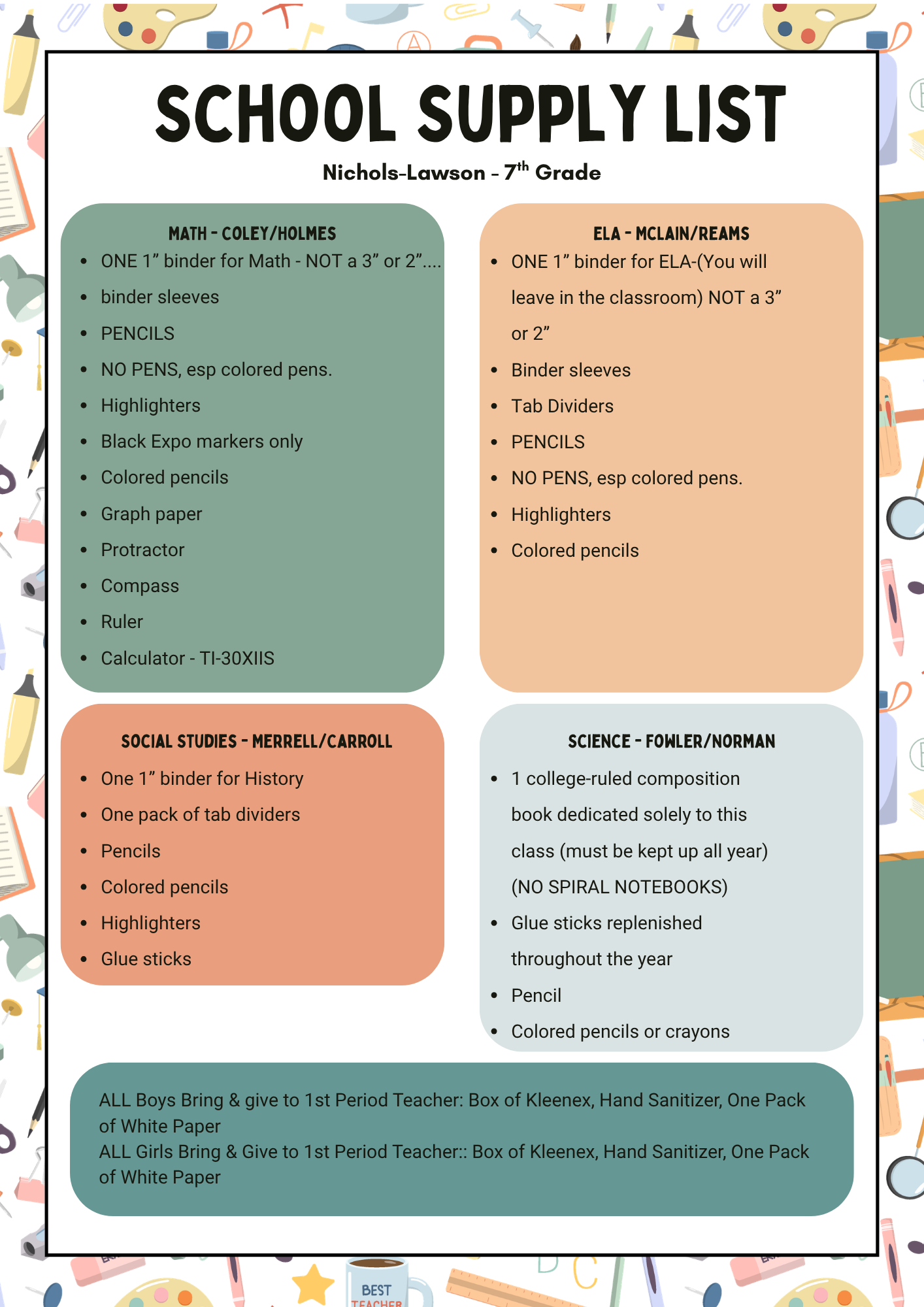 7th Grade School Supply List