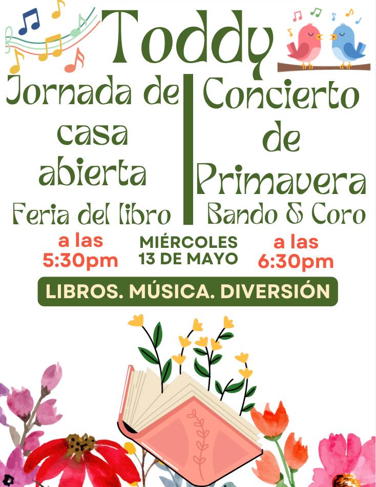 Poster for 'Toddy' event featuring 'Jornada de Concierto de Primavera' with book fair, band, and choir on May 13th.