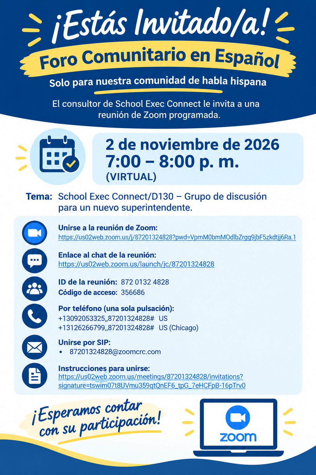 A blue and white flyer invites the Spanish-speaking community to a virtual Zoom forum on November 2, 2026.