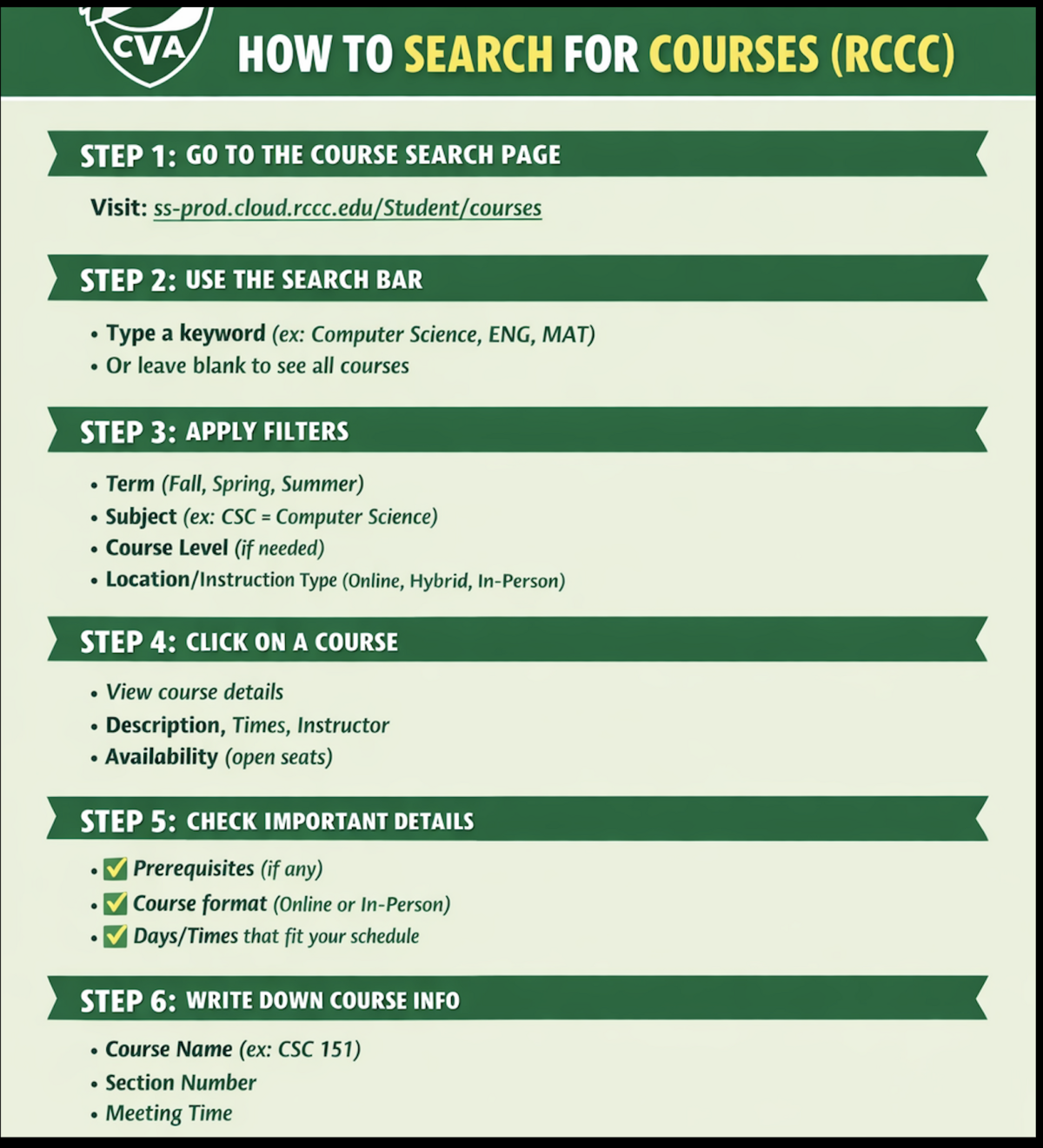 Infographic detailing six steps on how to search for courses at RCCC, including using the search bar and applying filters.