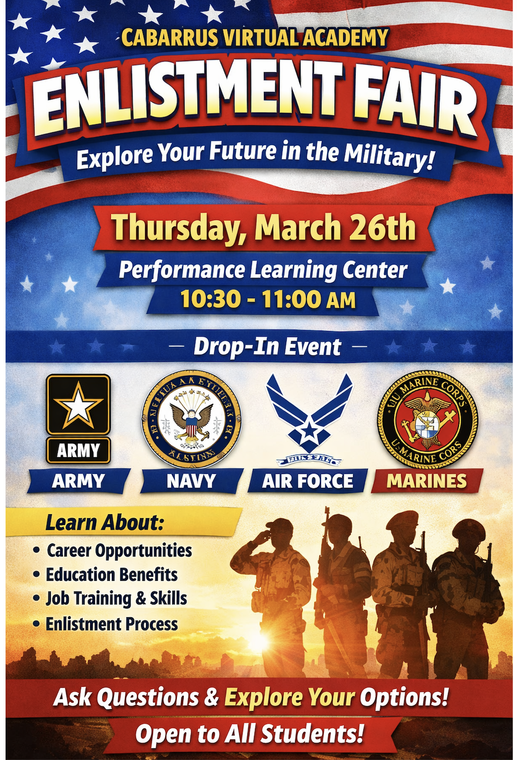 Poster for the Cabarrus Virtual Academy Enlistment Fair on Thursday, March 26th, from 10:30 AM to 11:00 AM.