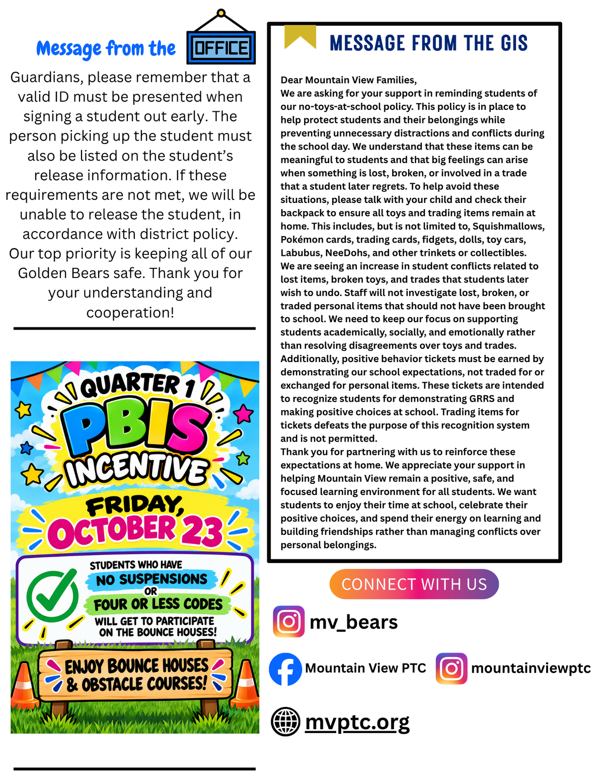 A digital flyer with announcements from the office, GIS, and information about a Quarter 1 PBIS Incentive event on October 23.