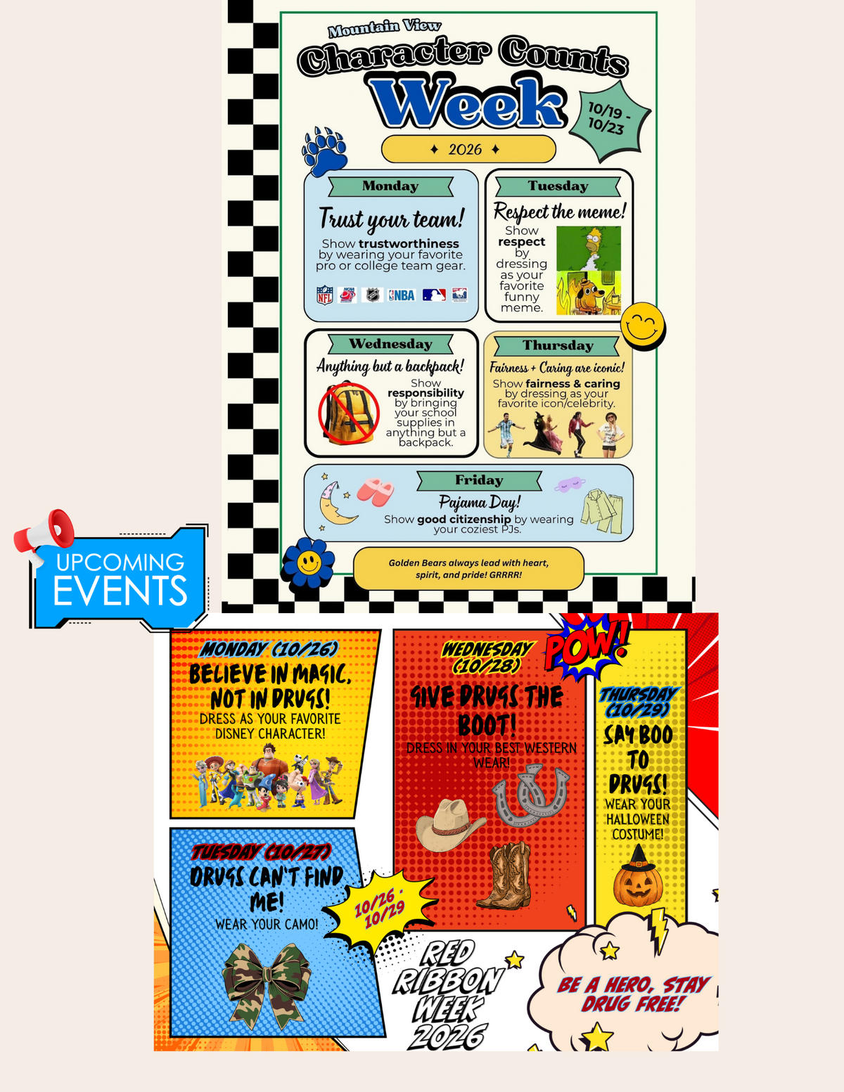 A colorful school flyer titled 'Mountain View Character Counts Week 2026' with daily dress-up themes for October 19-23.