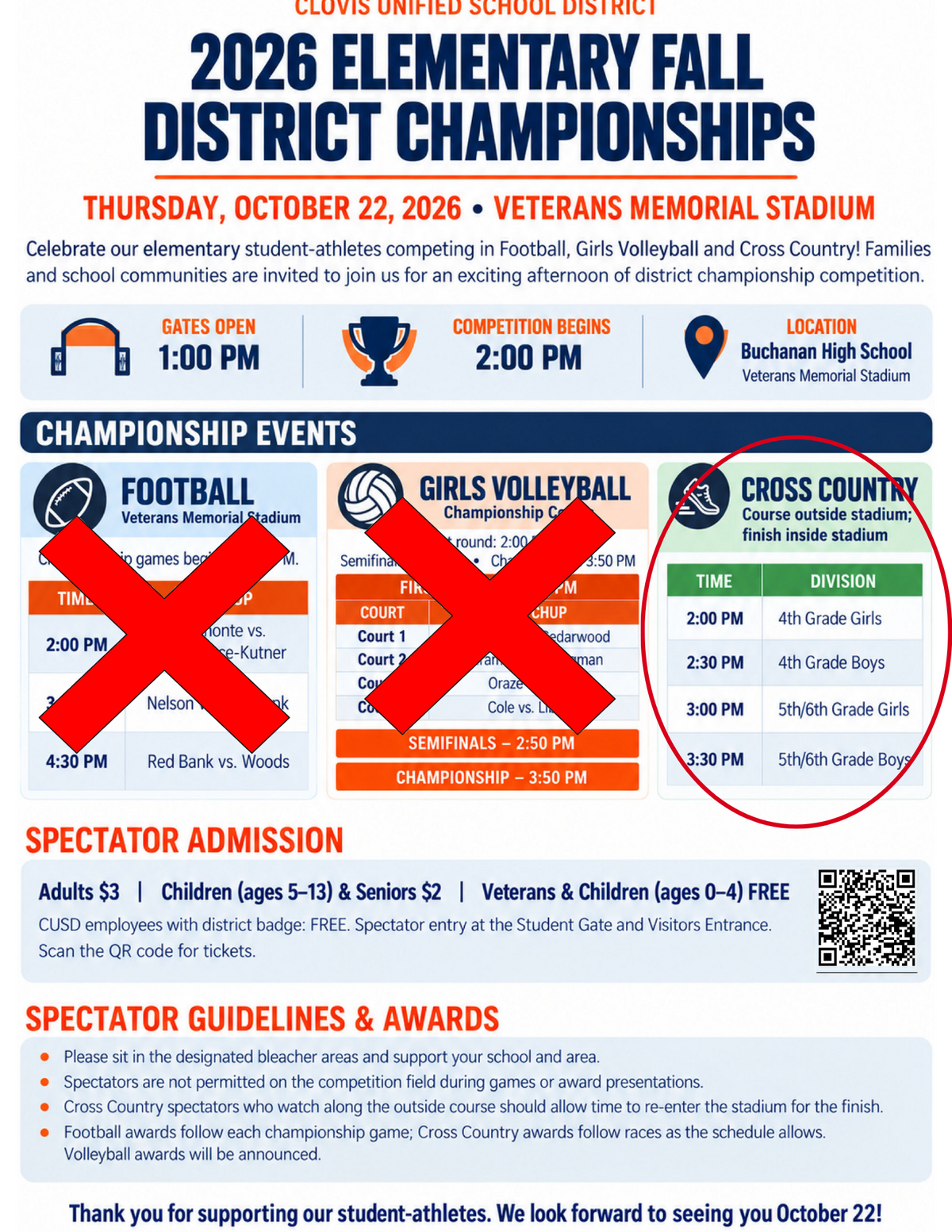 Flyer for the 2026 Elementary Fall District Championships on October 22 at Veterans Memorial Stadium, detailing events for football, volleyball, and cross country.