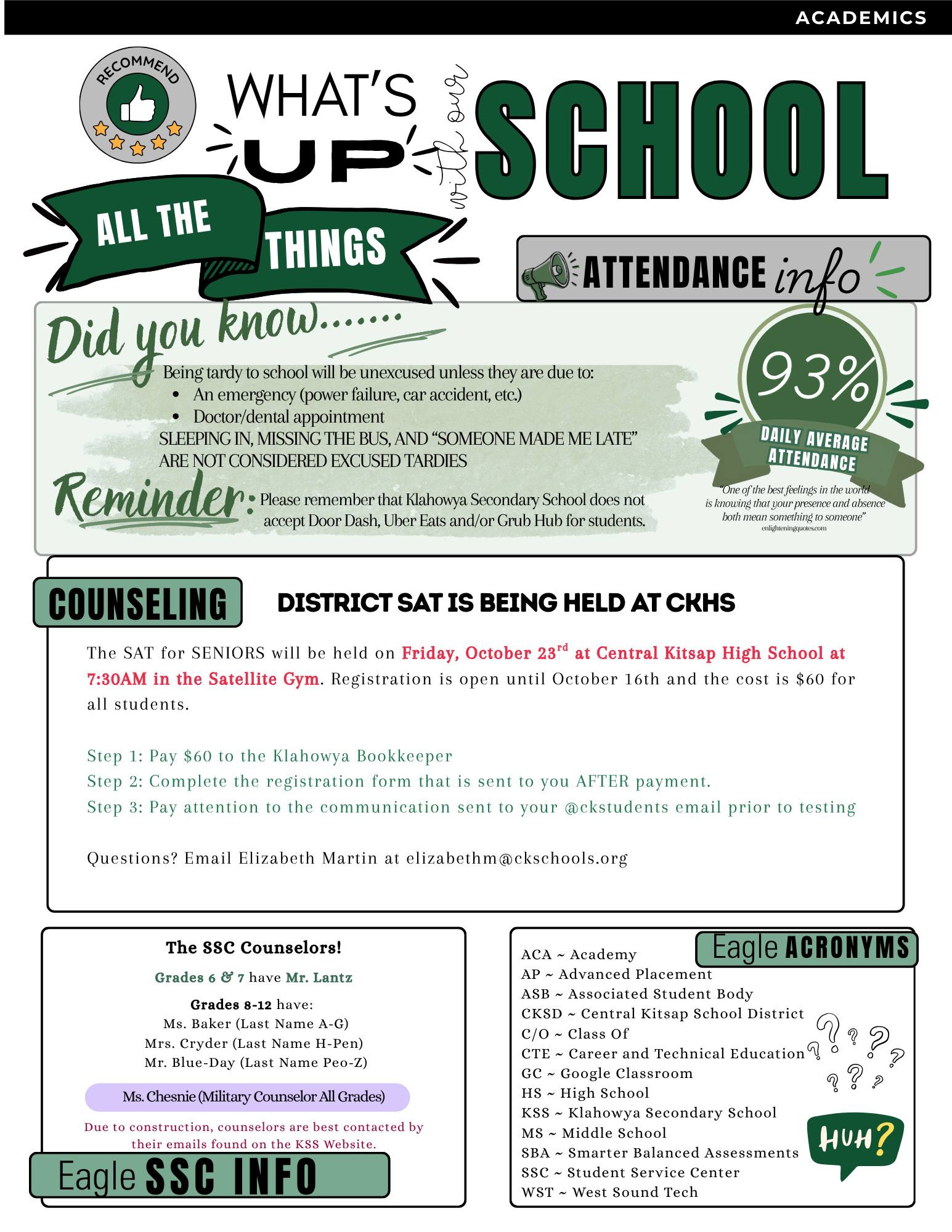 A school newsletter page titled 'What's up with our school' featuring academics, attendance, and counseling information.