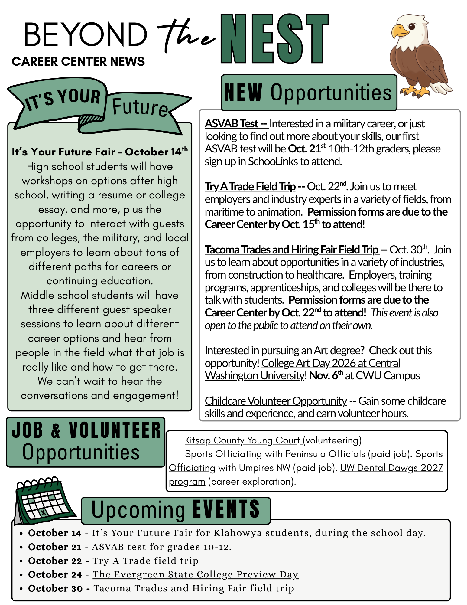 A career center newsletter titled 'Beyond the Nest' featuring upcoming events like the It's Your Future Fair, ASVAB test, and various field trips.