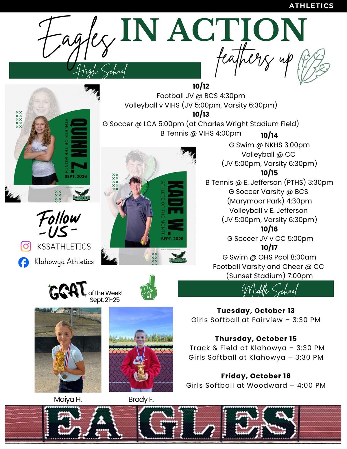 A high school athletics newsletter features a weekly sports schedule, athlete of the month graphics, and social media handles.