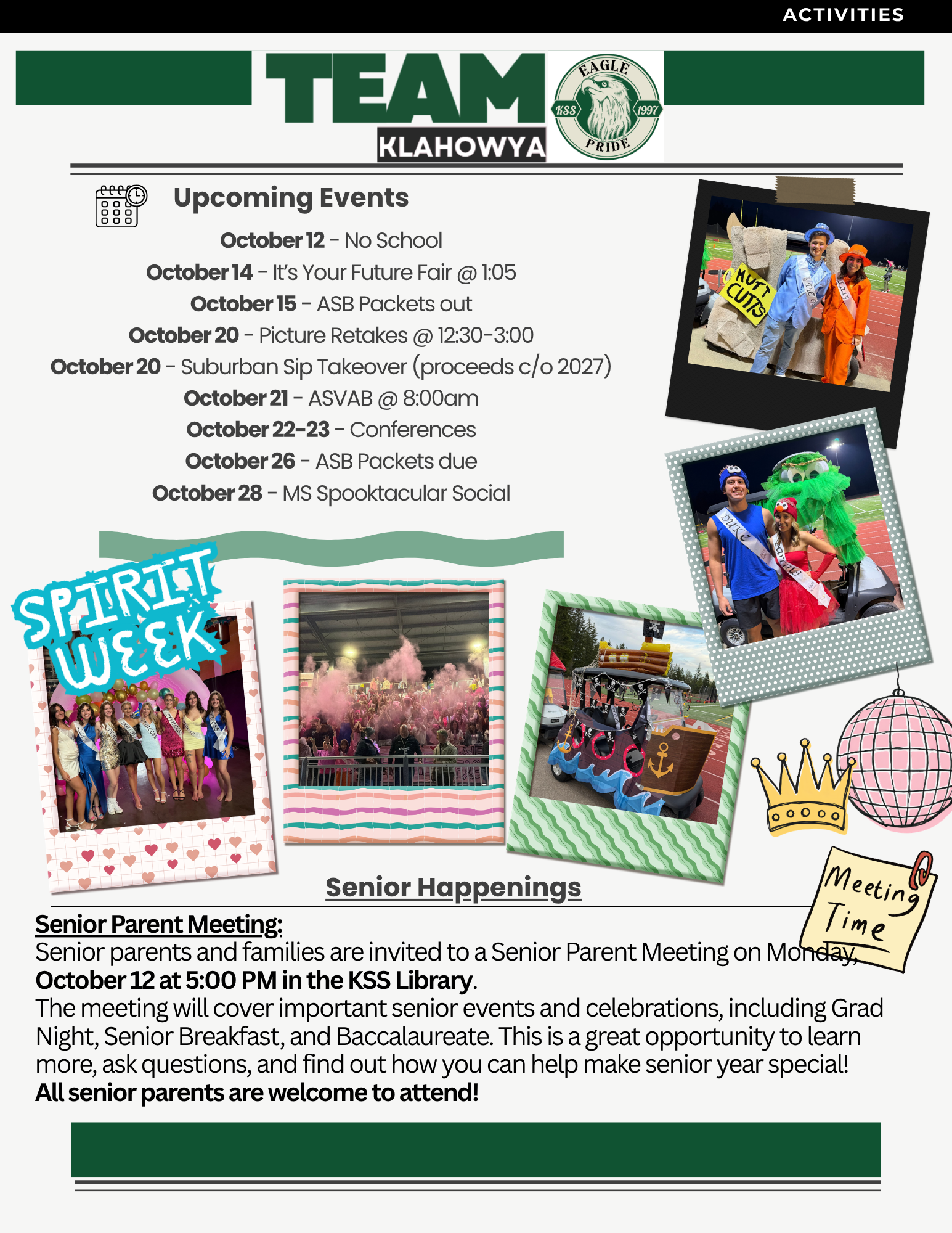A school activities flyer titled Team Klahowya Eagle Pride lists upcoming October events and details for a Senior Parent Meeting.