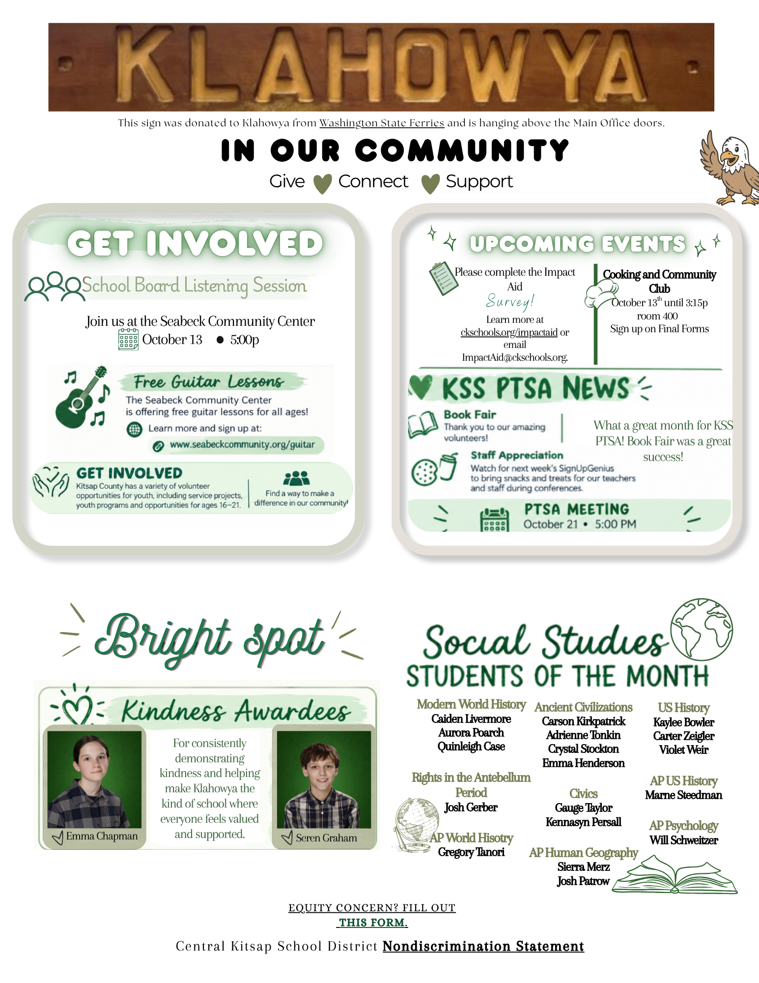 A community bulletin board featuring school news, upcoming events, and student awardees at Klahowya.