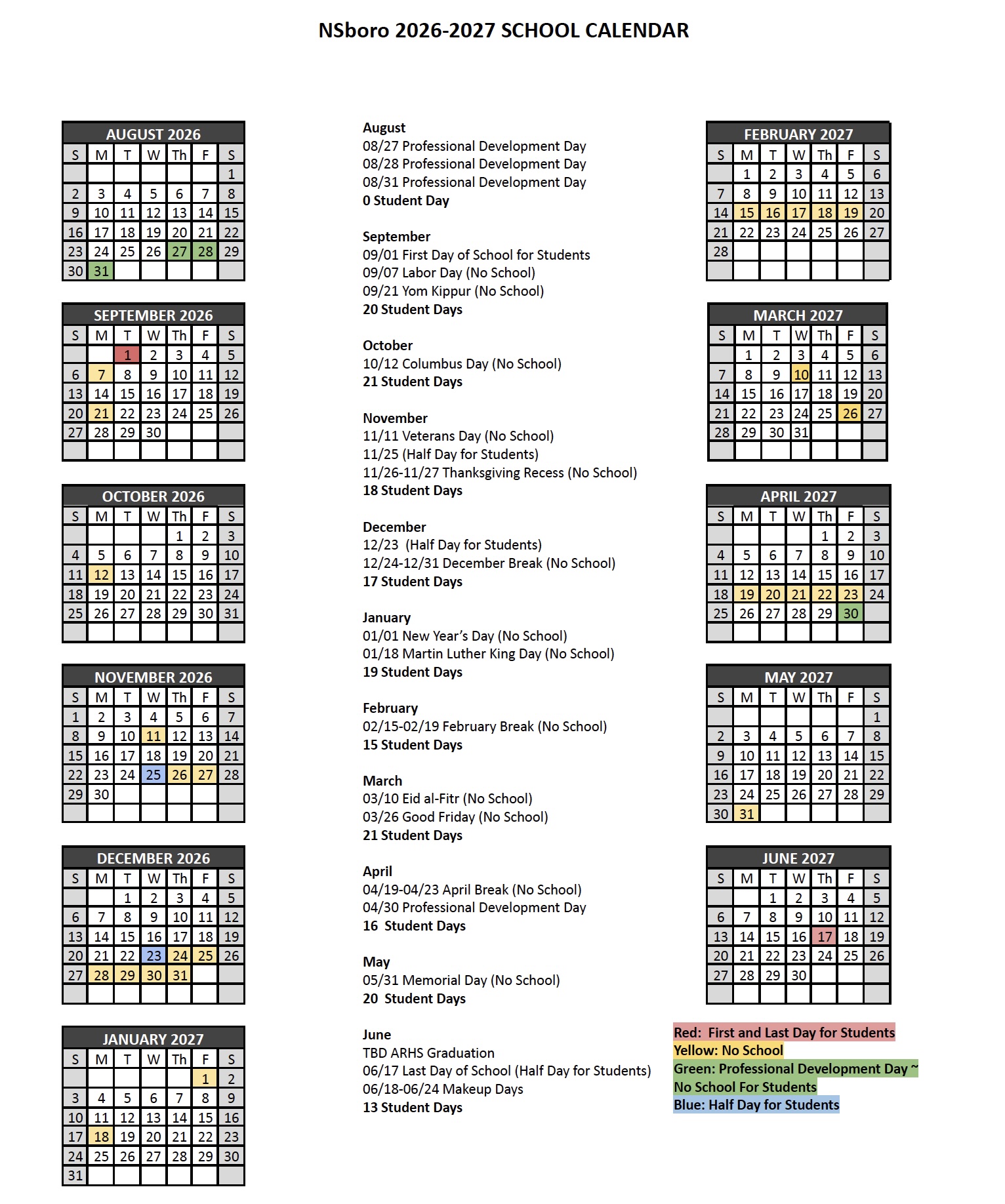 The NSboro 2026-2027 School Calendar displays monthly grids with highlighted dates and a key for color-coded events.