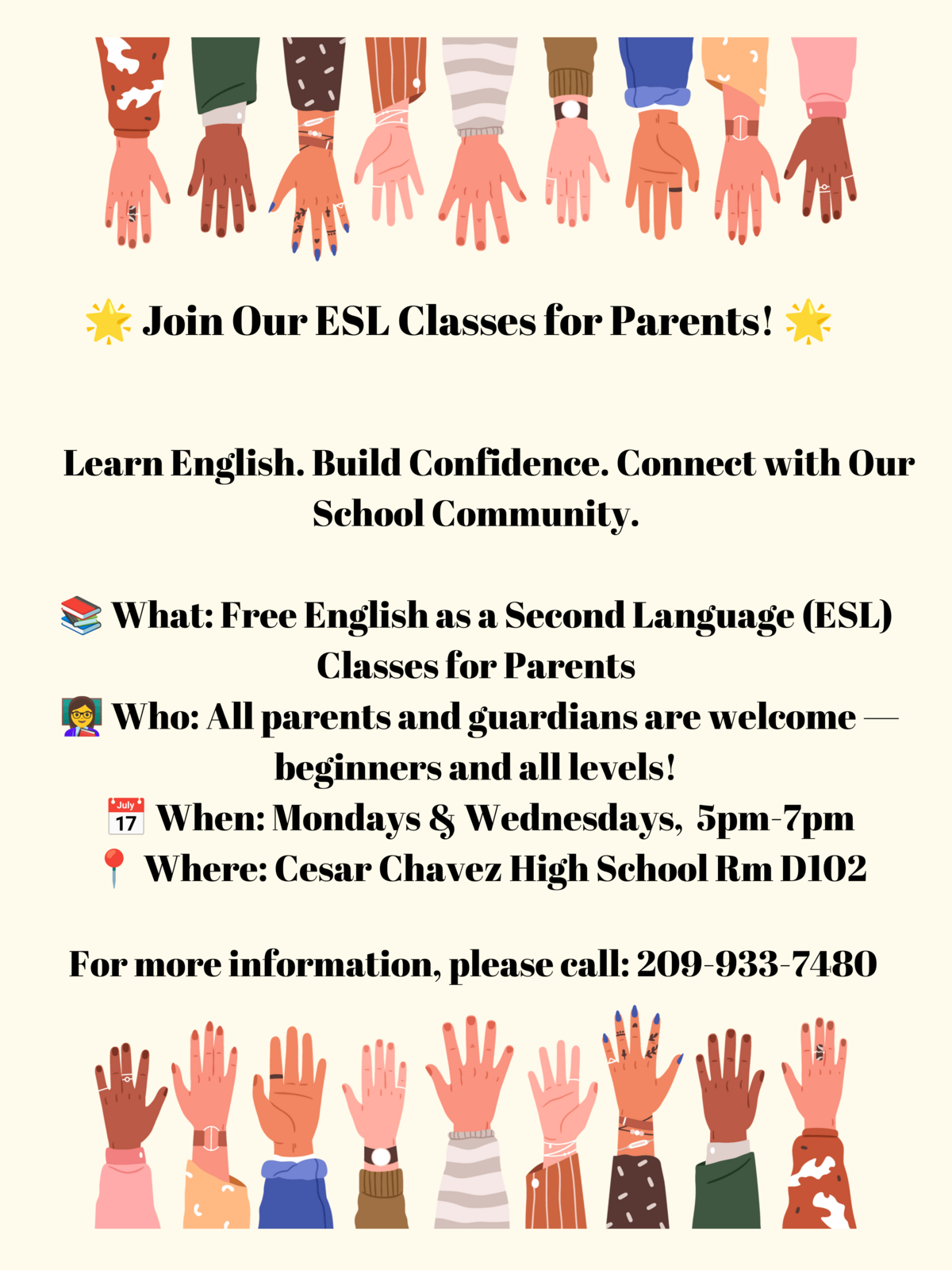 Chavez High School Free ES Classes-  ¡Clases de inglés GRATIS para padres en Cesar Chavez High School!