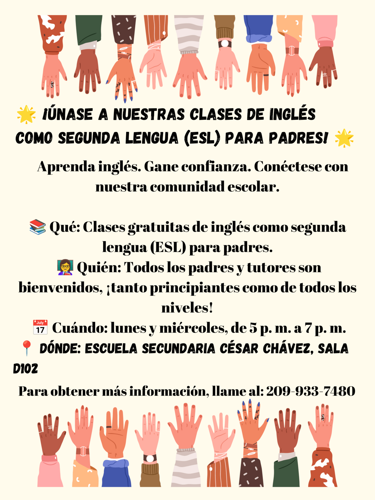 Poster announcing free English as a Second Language (ESL) classes for parents, with stars and diverse hands at the top and bottom.