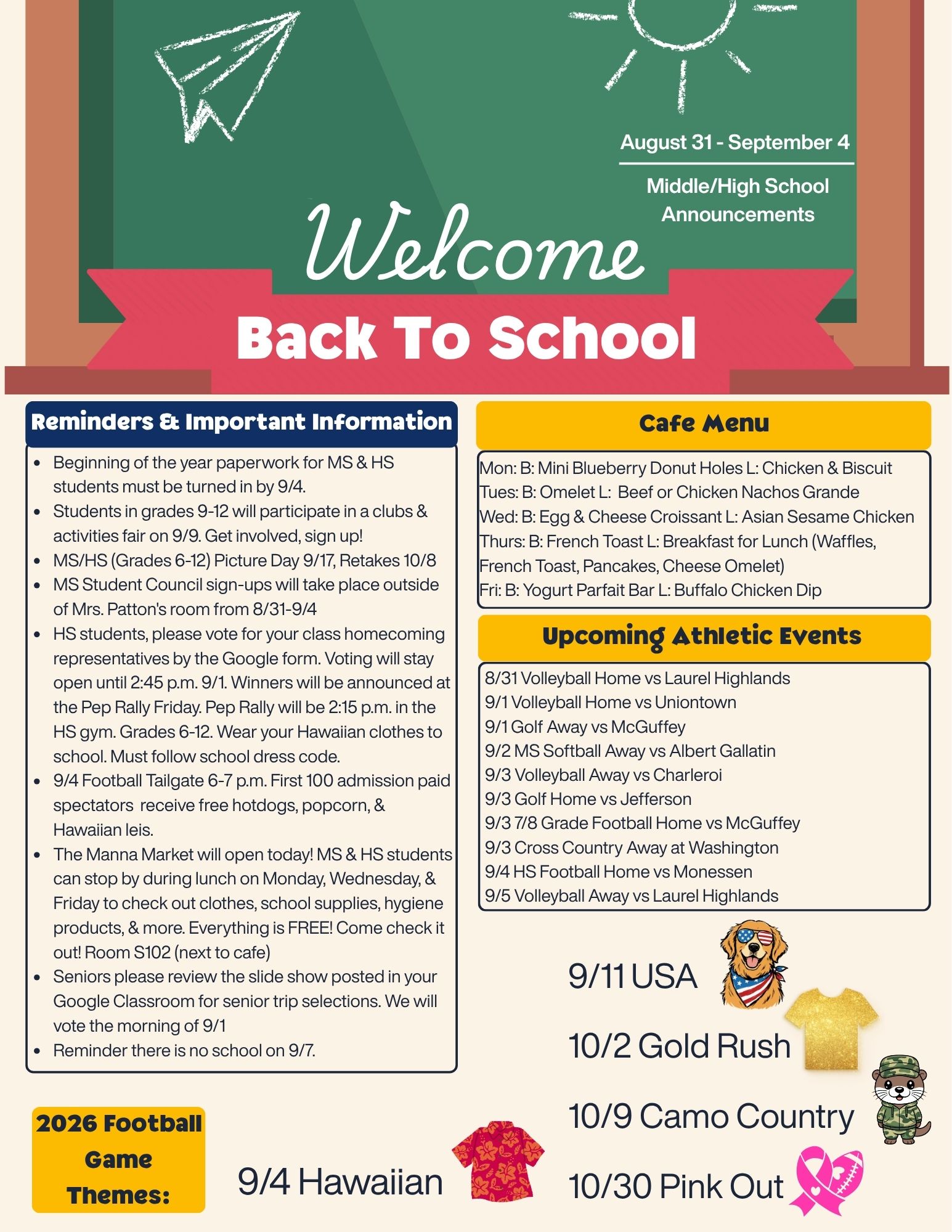 Welcome Back - August 31 - Sept 4 Annoucements
