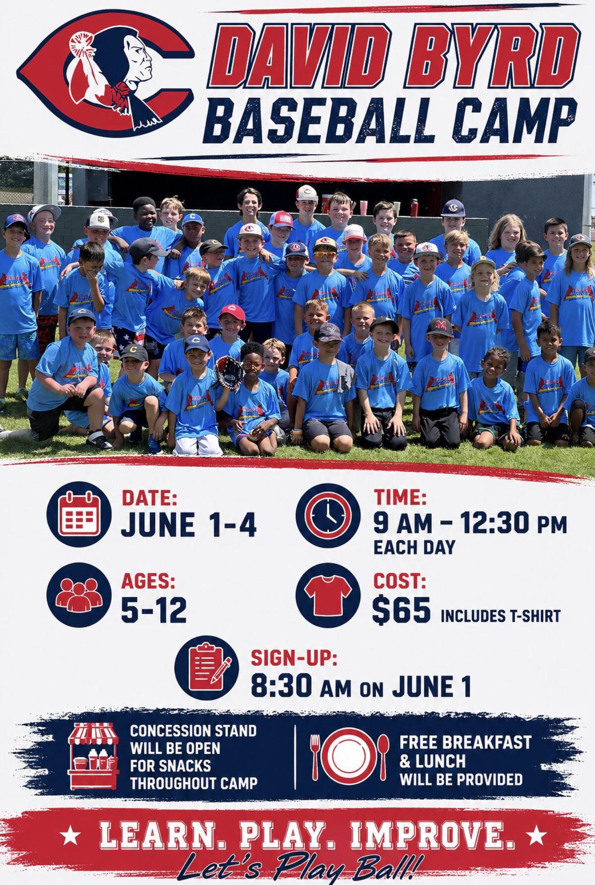 Poster for David Byrd Baseball Camp, featuring a group of young baseball players in blue t-shirts.