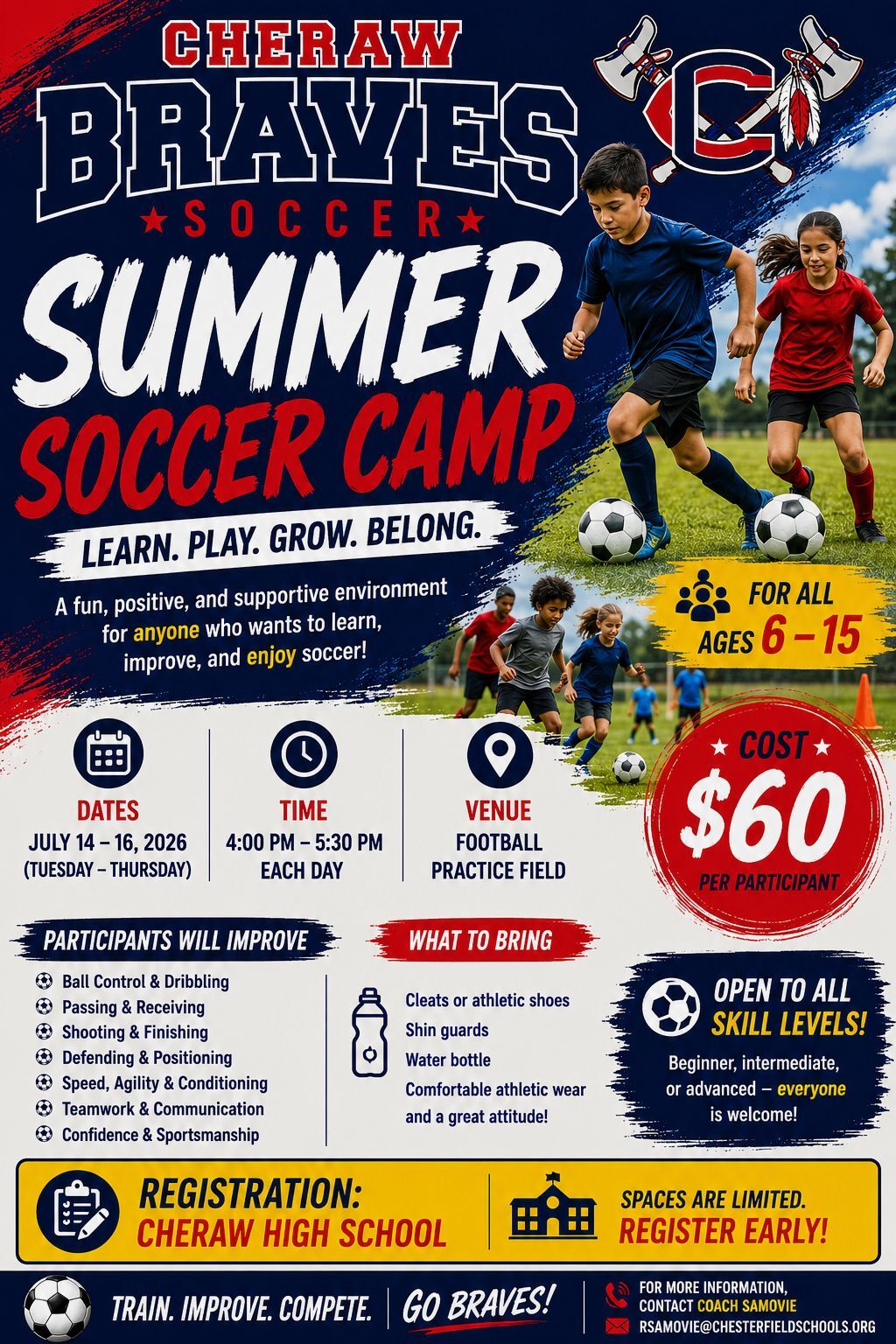 Poster for Cheraw Braves Soccer Summer Camp for ages 6-15, held July 14-16, 2026, at the Football Practice Field for $60.