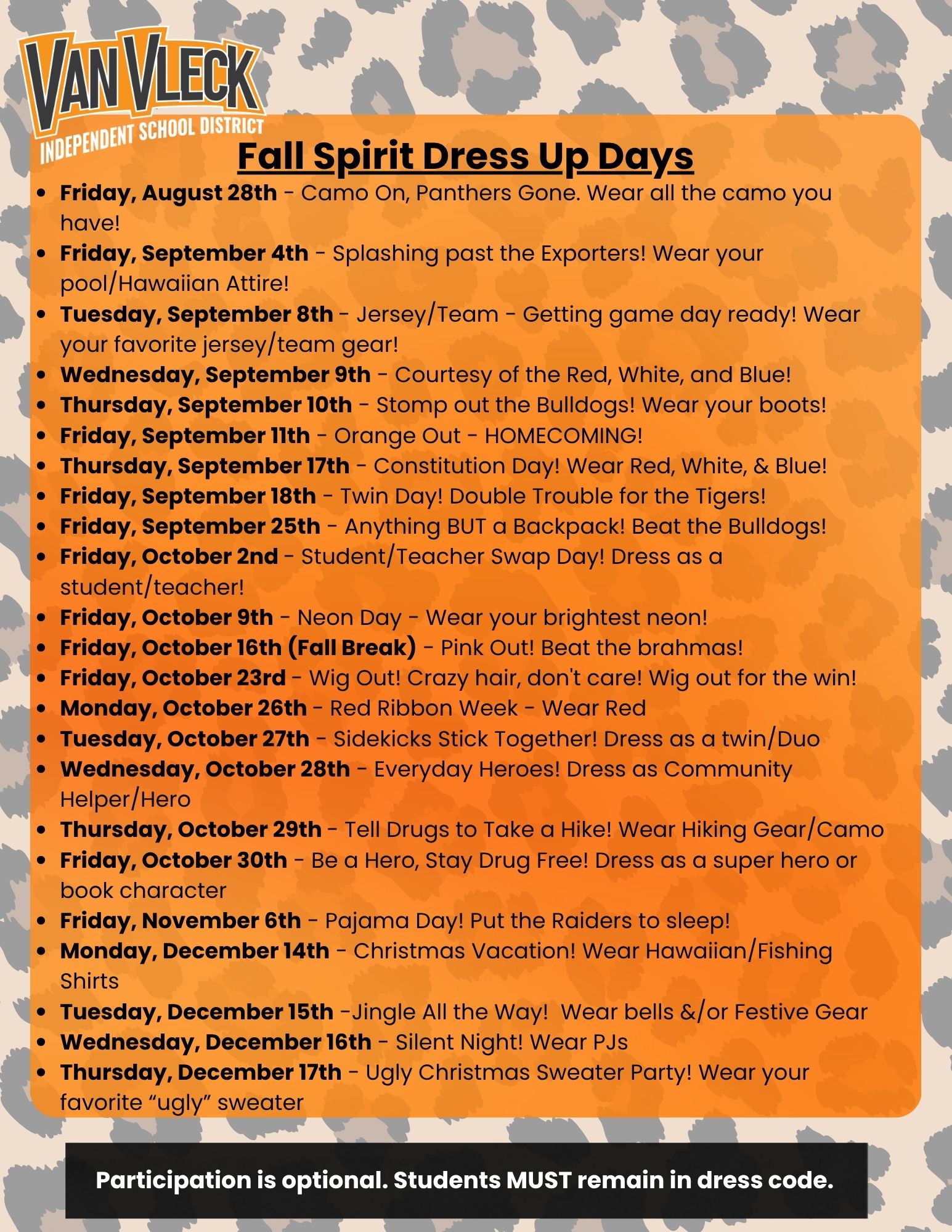 VVISD Fall Spirit Dress Up Days Schedule!