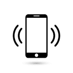 A black silhouette icon of a smartphone with curved lines indicating vibration or sound waves.