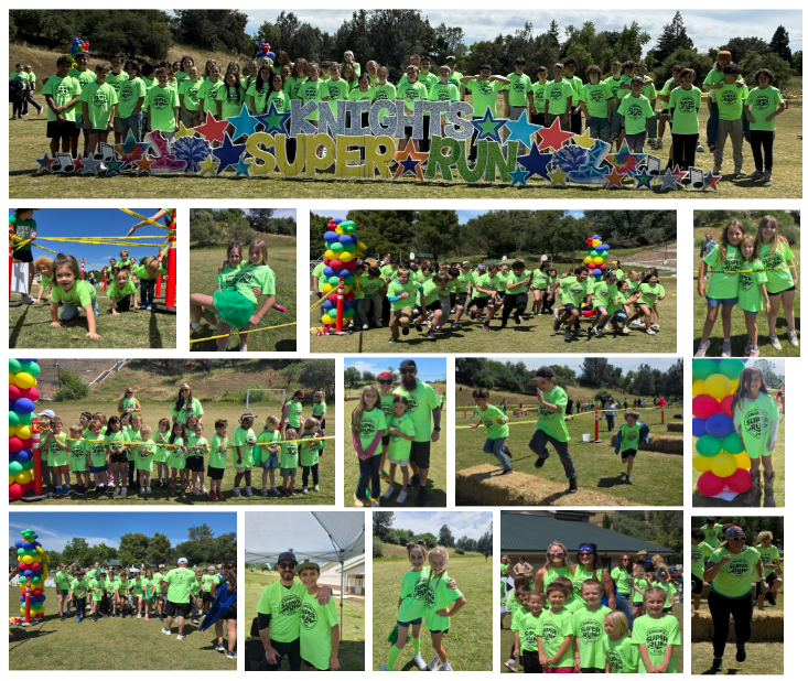 A large group of children in bright green t-shirts participate in a 'Knights Super Run' event.