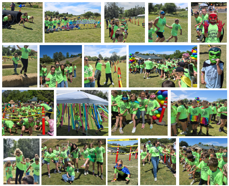 Children in bright green t-shirts participate in an outdoor obstacle course event.