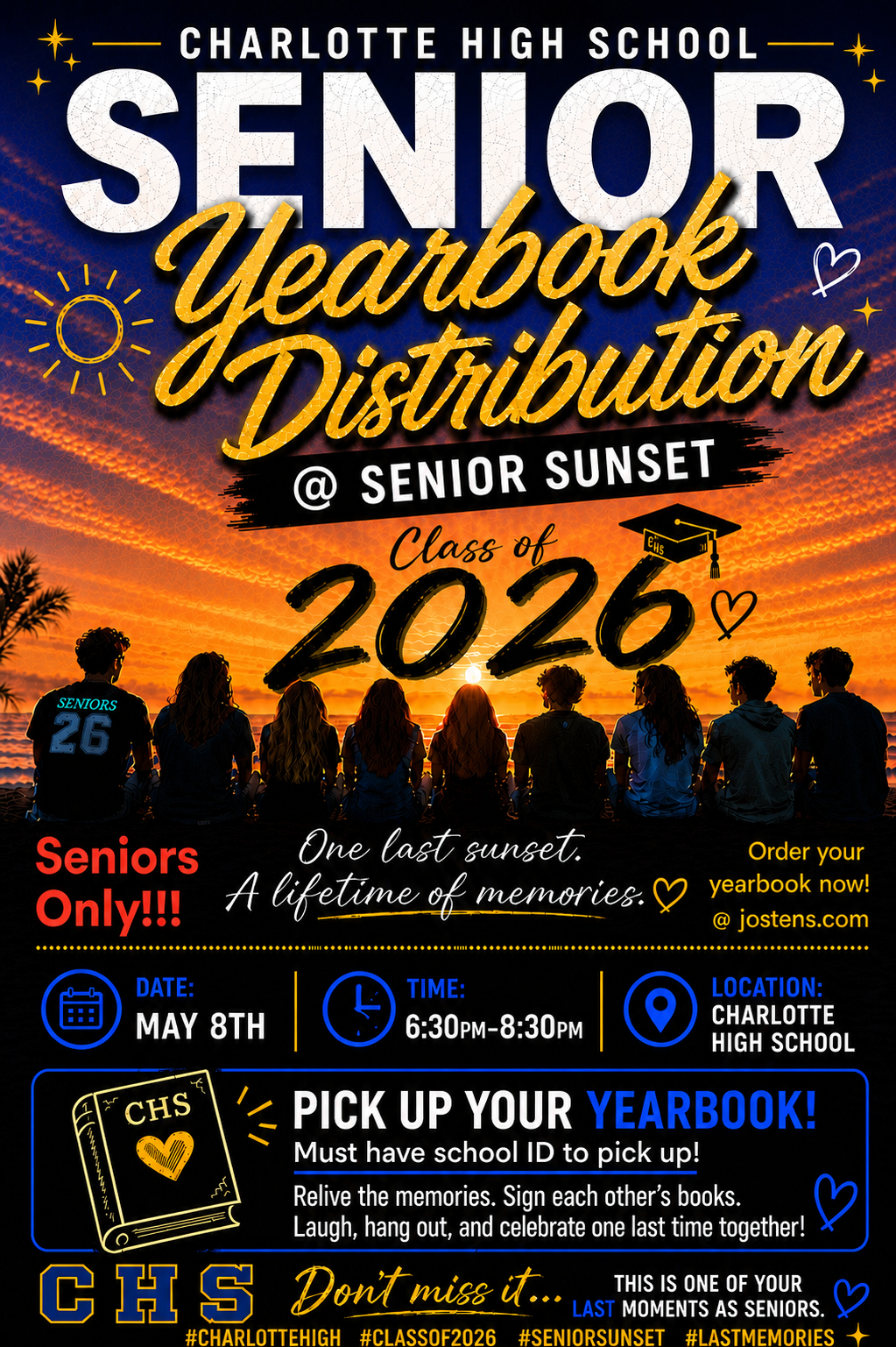 Charlotte High School Senior Yearbook Distribution event poster for Class of 2026.