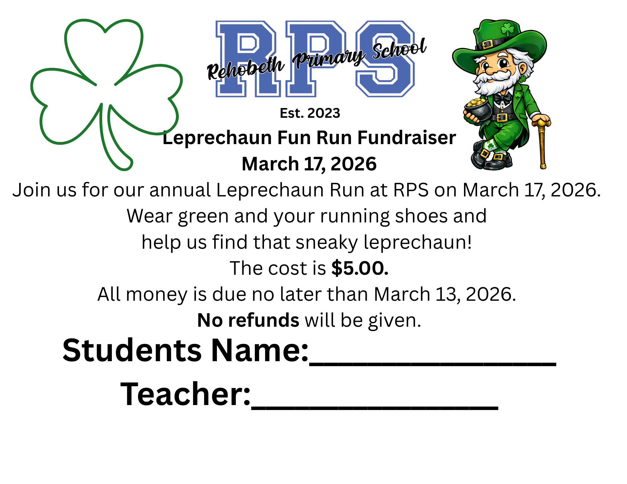 Poster for the Rehobeth Primary School Leprechaun Fun Run Fundraiser on March 17, 2026.
