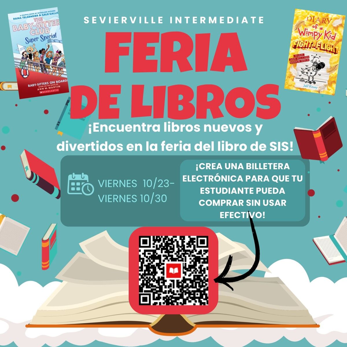 A promotional poster for the Sevierville Intermediate book fair featuring the text FERIA DE LIBROS in large red letters.