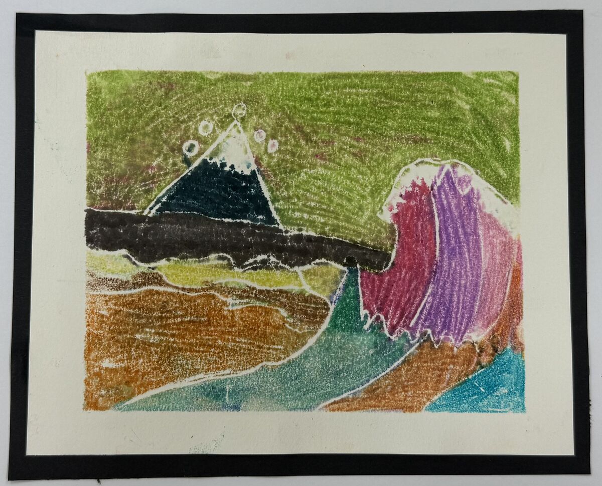 Colorful drawing with a mountain, river and landscape