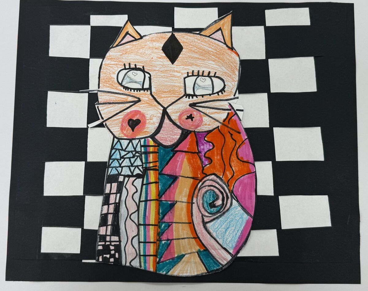 A colorful cat sitting on top of a black and white checkerboard background