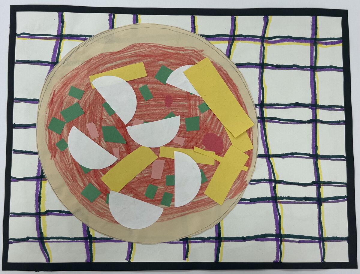 Art project of a pizza made out of construction paper cutouts.