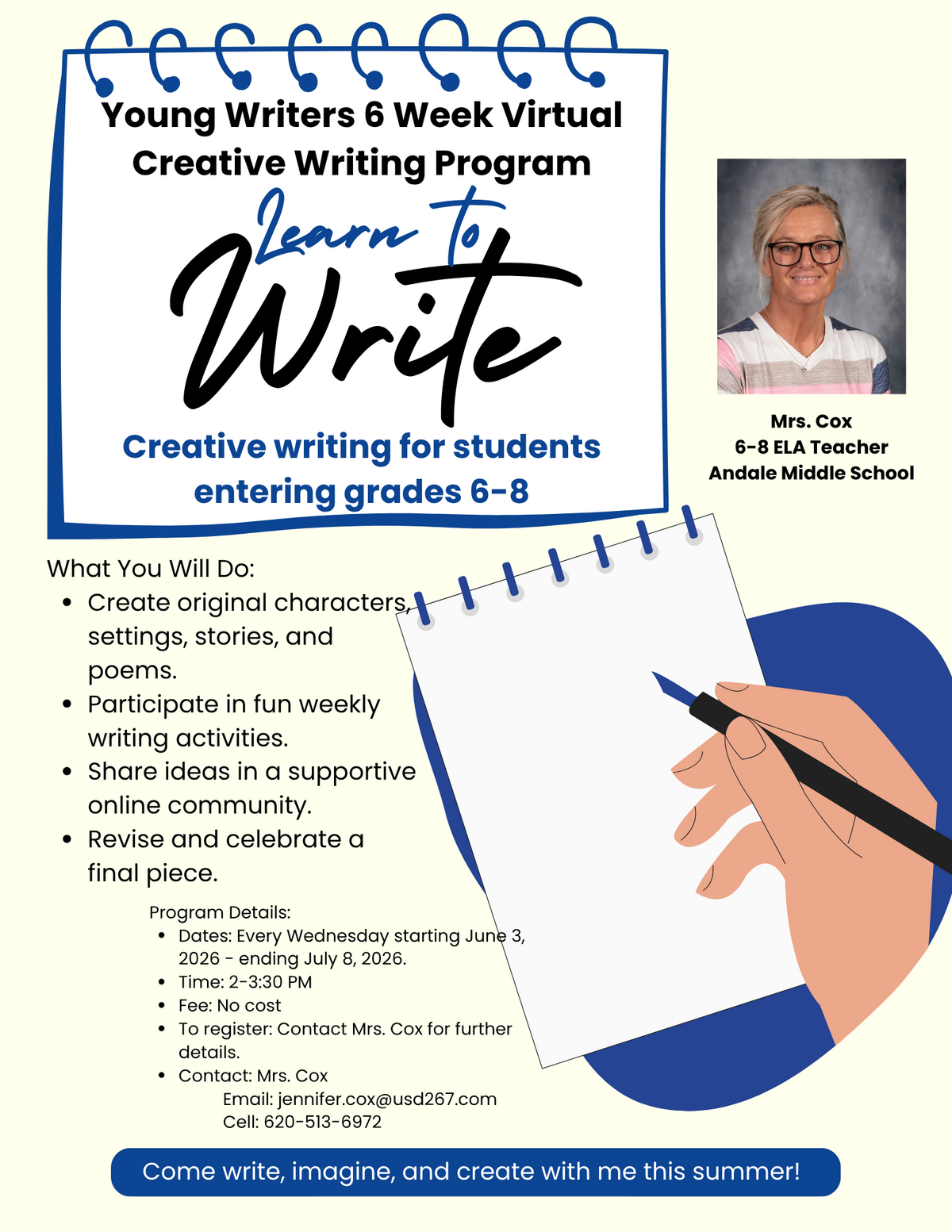 In coming 6-8 Summer Creative Writing Program