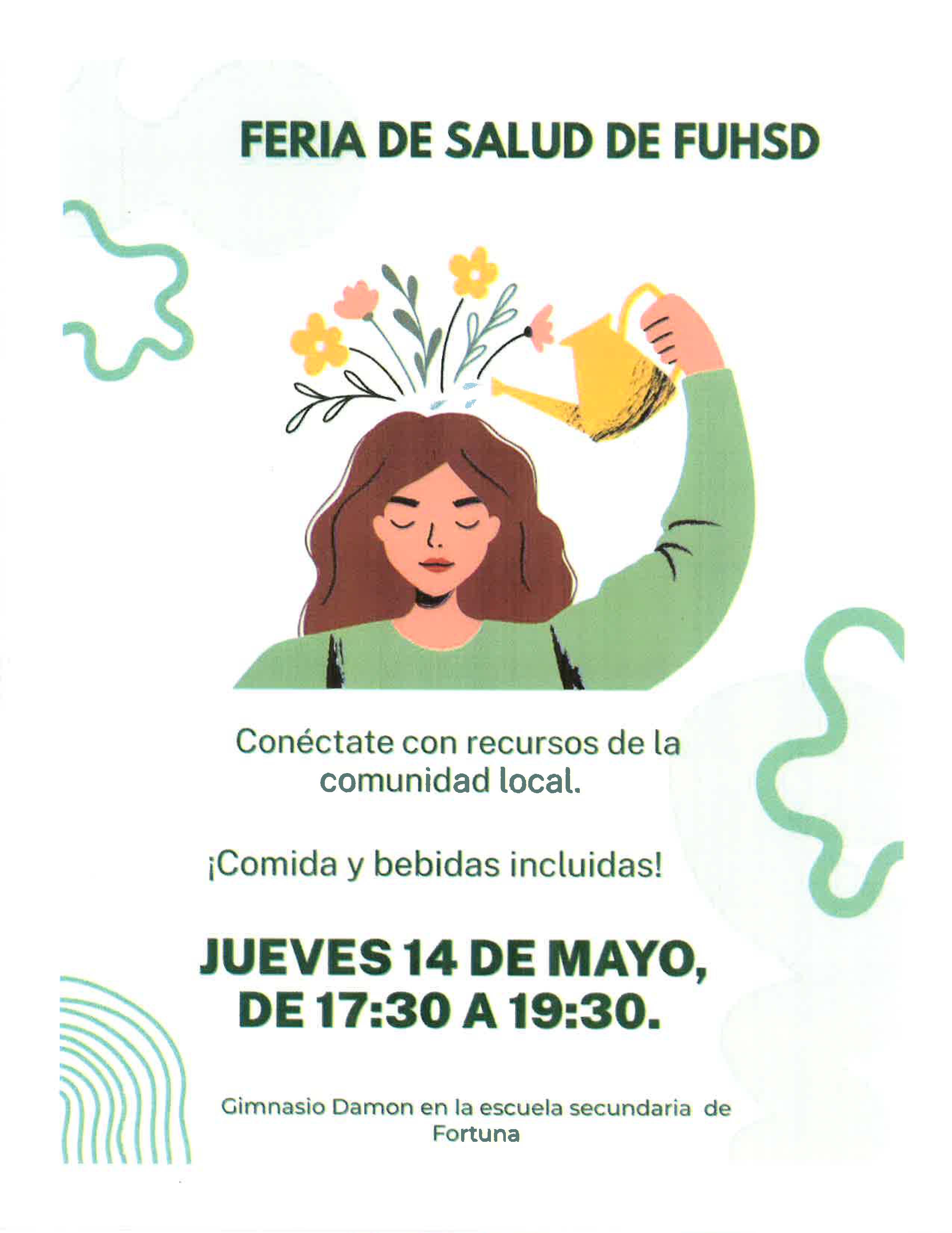 Poster for the FUHSD Health Fair, featuring an illustration of a person watering flowers growing from their head.