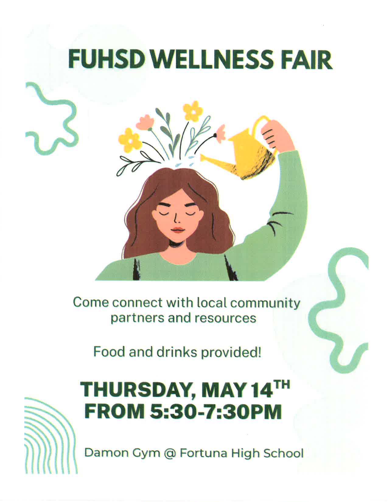 Poster for the FUHSD Wellness Fair, featuring an illustration of a person watering flowers growing from their head.