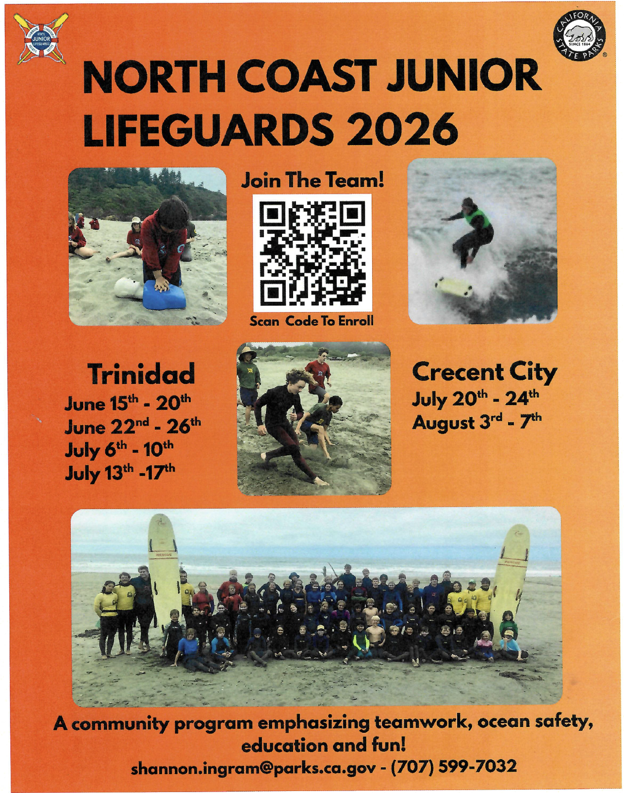 Poster for North Coast Junior Lifeguards 2026 program with images of beach activities and program details.