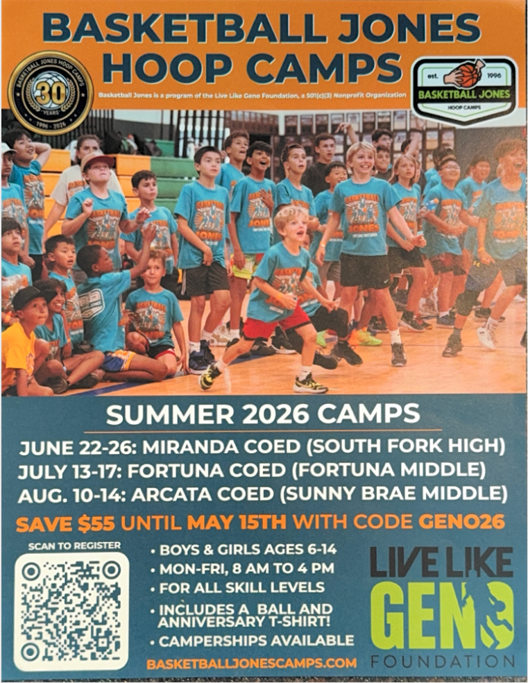 A group of young boys and girls in blue t-shirts participate in a Basketball Jones Hoop Camp, with text advertising summer 2026 camps.