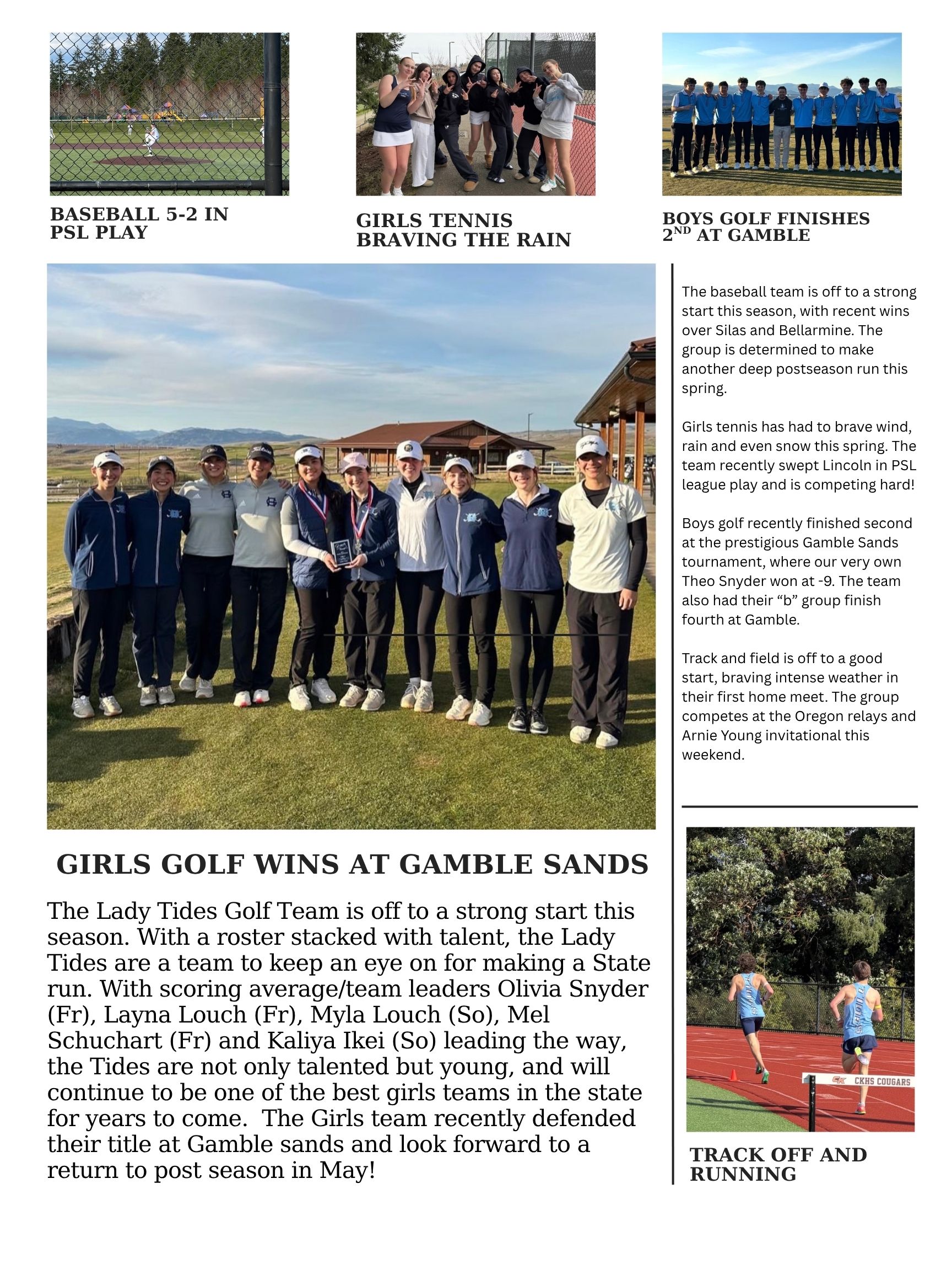 girls golf at gamble sands, girls tennis team photo, track 2 girls running