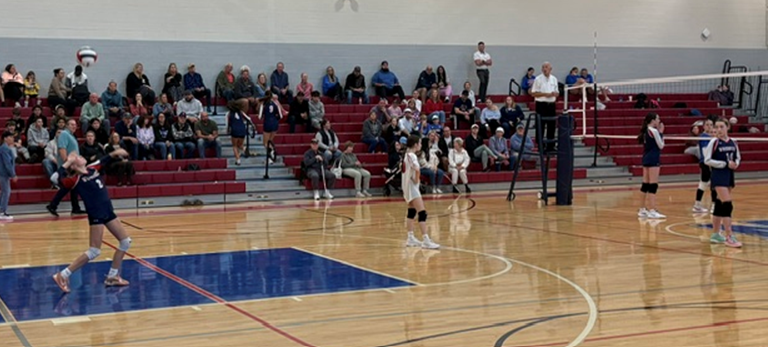 A volleyball player serves the ball during a match in an indoor gymnasium with spectators watching from red bleachers.