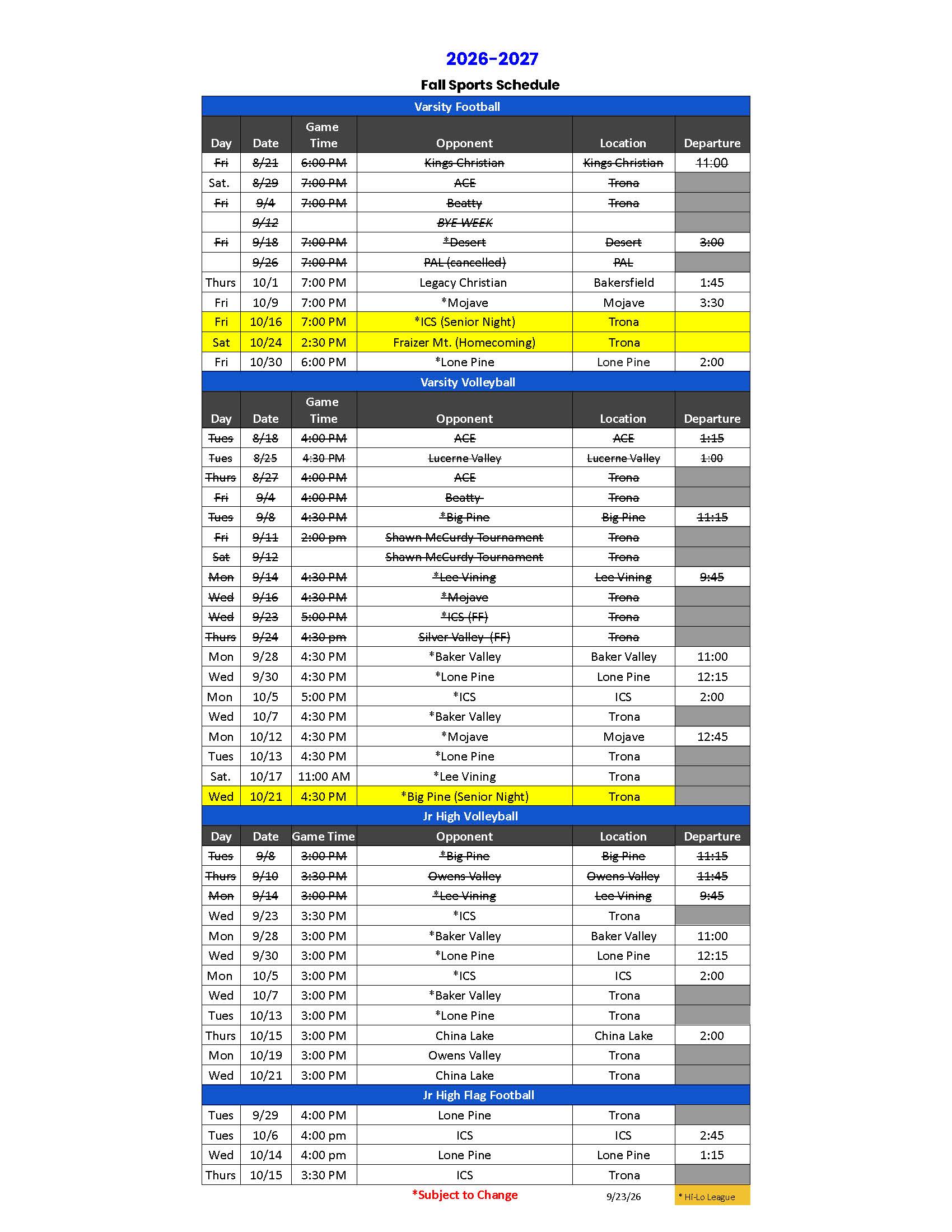 26-27 Fall Sports Schedule 9/23/26