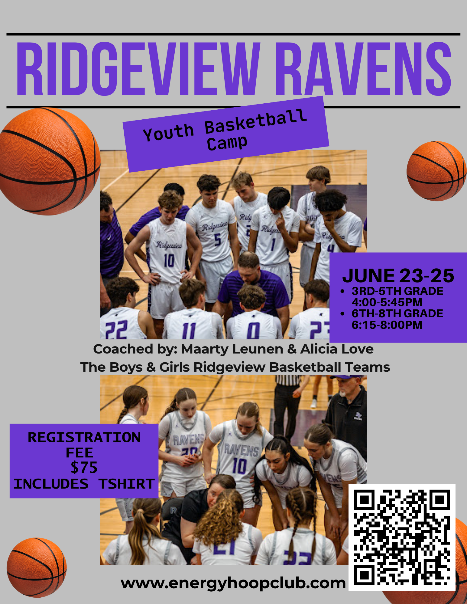 Poster for Ridgeview Ravens Youth Basketball Camp, featuring images of basketball players and camp details.