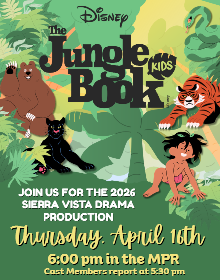 Poster for Disney's The Jungle Book Kids drama production featuring Mowgli, Baloo, Bagheera, Shere Khan, and Kaa.