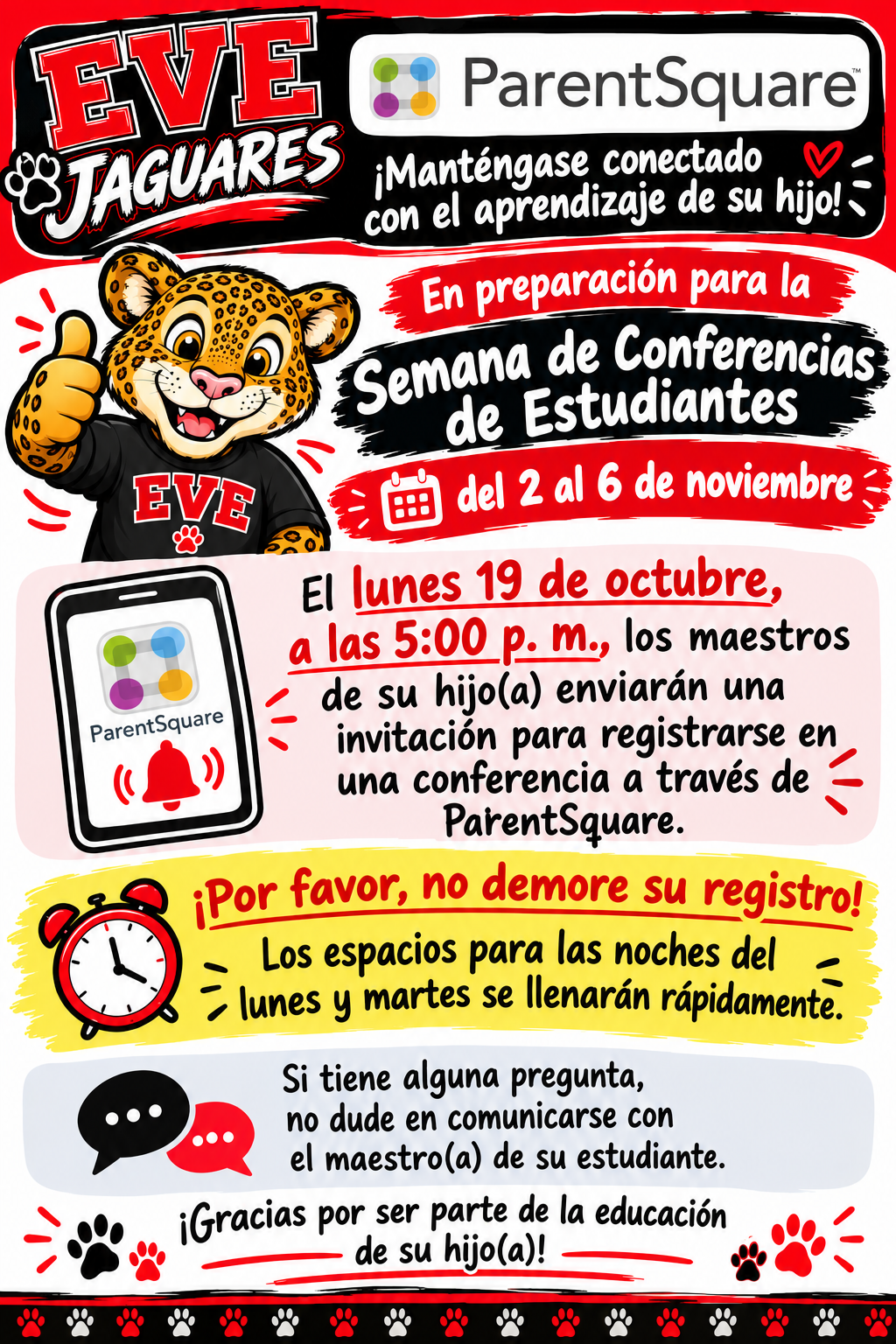 A colorful Spanish flyer announces student conference week from November 2nd to 6th, using the ParentSquare app.