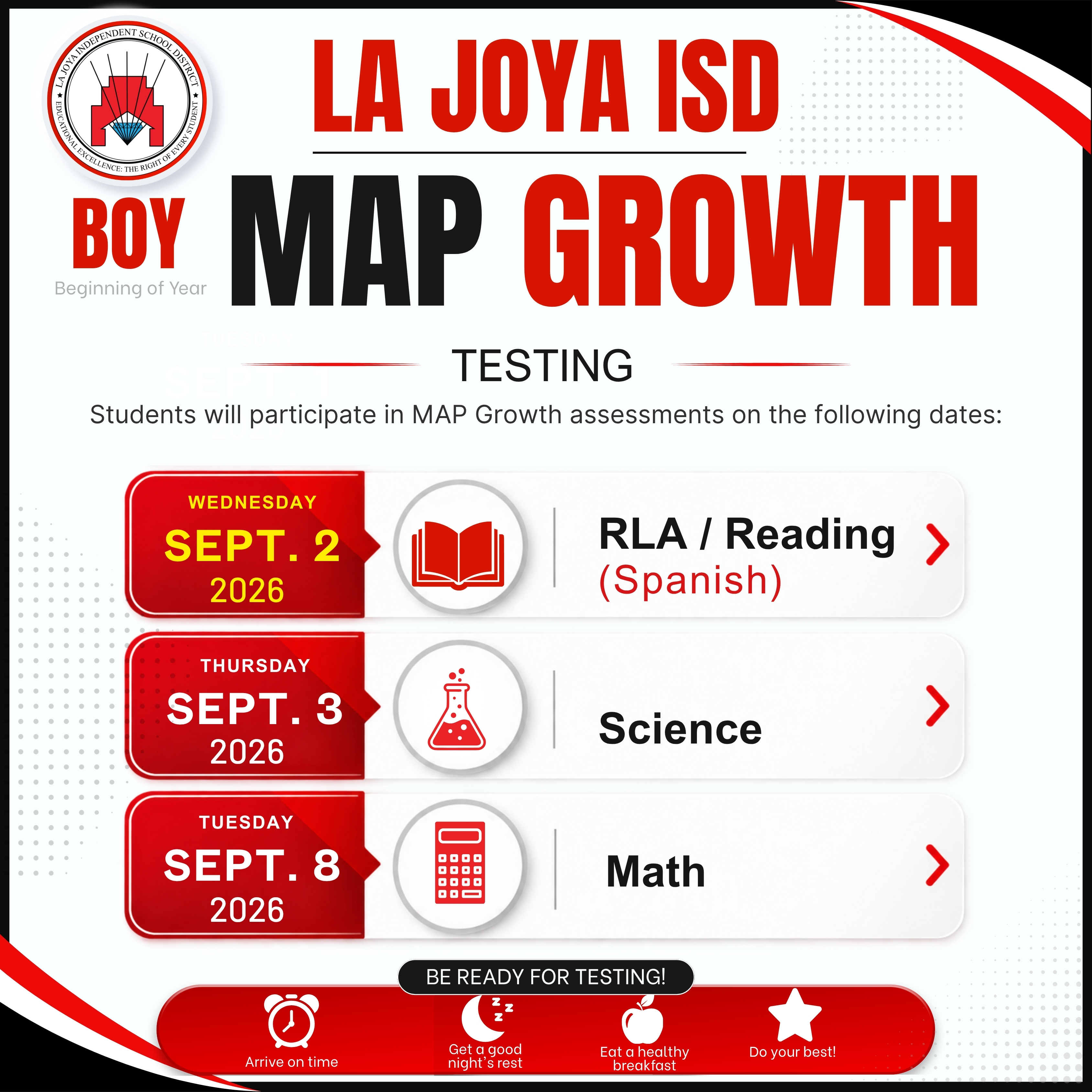📚✏️ MAP Growth testing continues tomorrow, La Joya ISD! | 📚✏️ ¡Las evaluaciones MAP Growth continúan mañana en La Joya ISD!